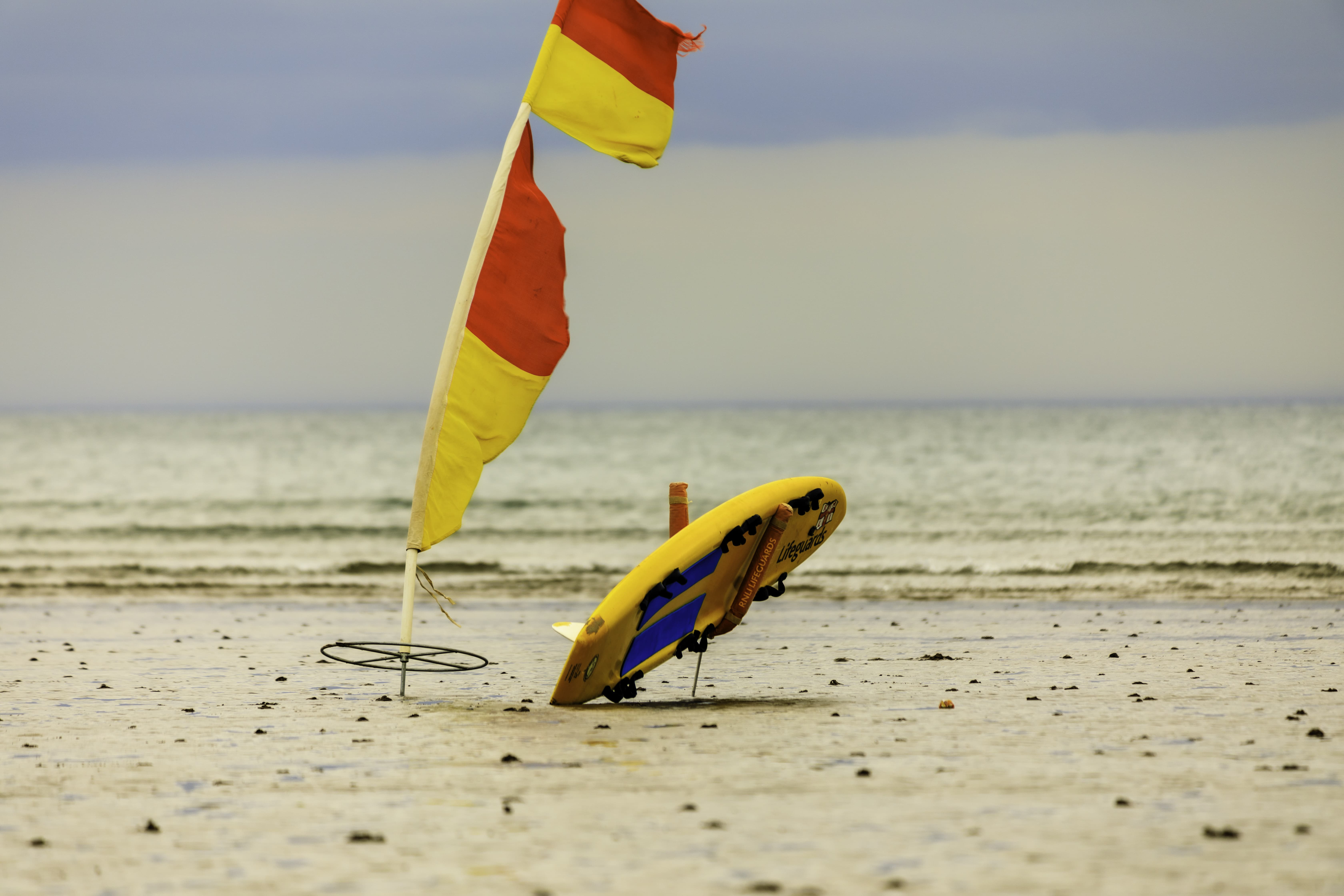 Brightly colored flags mark the coastline, their vibrant hues standing out against the muted tones of the sandy beach and overcast sky.